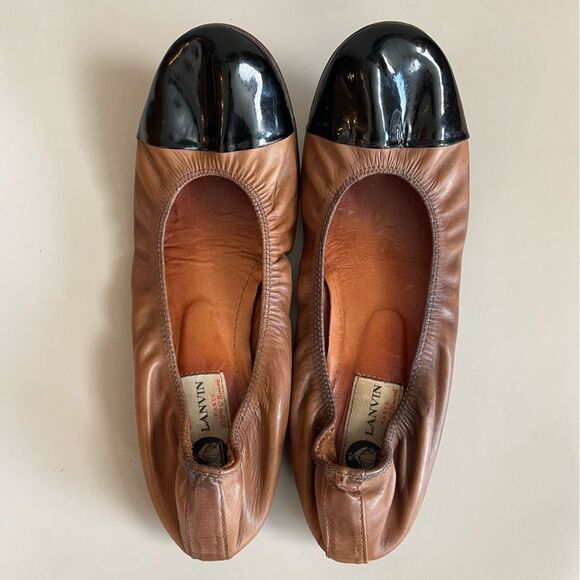 LANVIN Classic Color-block Tan and Black Scrunch Ballet Flat Size 40 - Picture 2 of 10